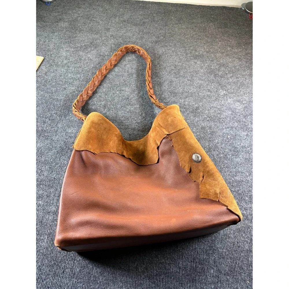 Handmade Leather Suede Hobo Bag Braided Strap Concho Brown Southwestern‎ Boho